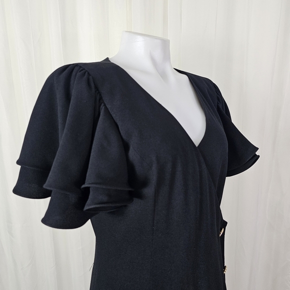 Vintage Neiman Marcus black faux wrap dress rhinestone button ruffle sleeves 10 - Picture 7 of 11